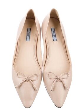 Prada Beige/Nude Saffiano Leather Logo Bow tie embellished Ballet Flats EU 40